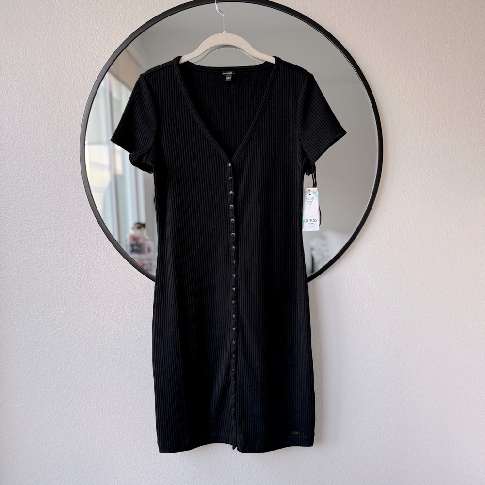 GUESS Eco Raylynn Ribbed Henley Dress, Black, Women’s L